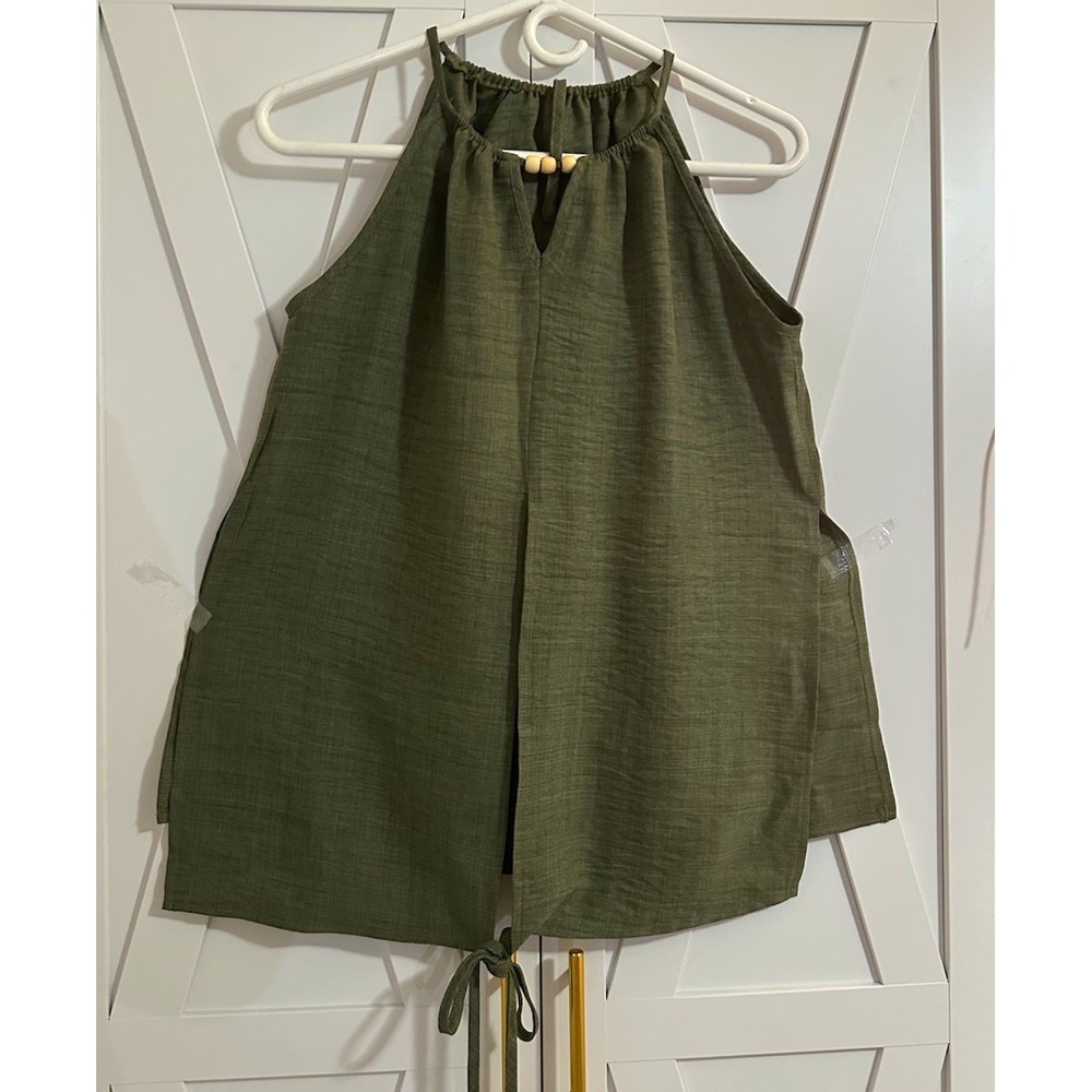 Women's Green Solid Halter Tie Neck Sleeveless Blouse w/ Beaded Accents, M